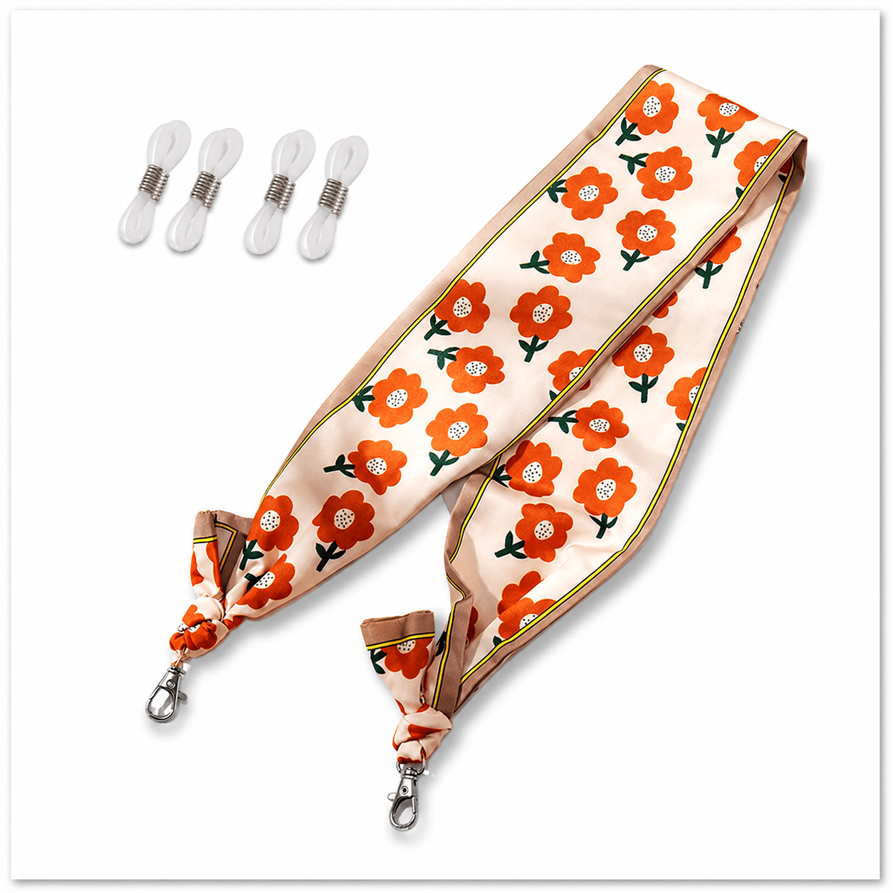 Chaîne de Lunettes Foulard – Tissu Imprimé Fleurs Oranges