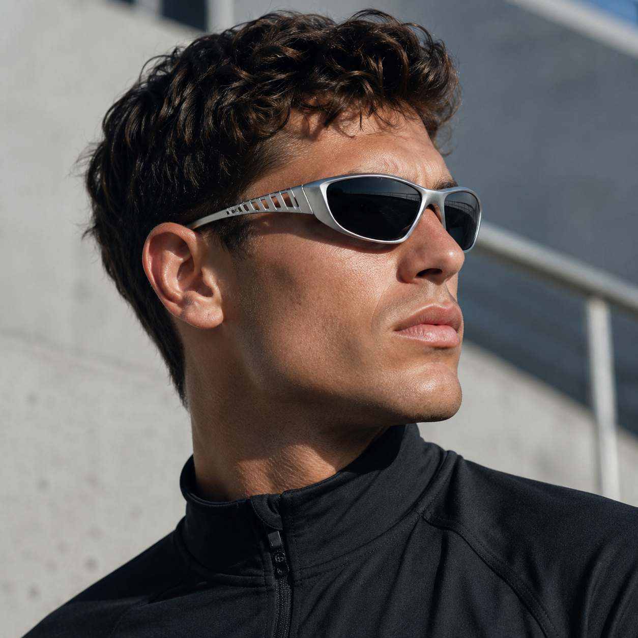 Lunettes de Soleil Sport - Enveloppante Argent & Noir